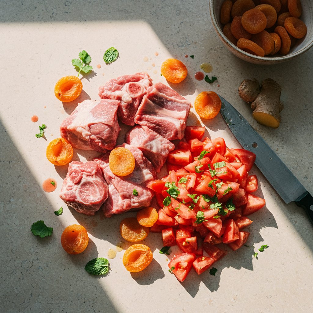 raw lamb shoulder pieces, diced tomatoes, and halved dried apricots for spiced lamb and apricot tagine with cauliflower