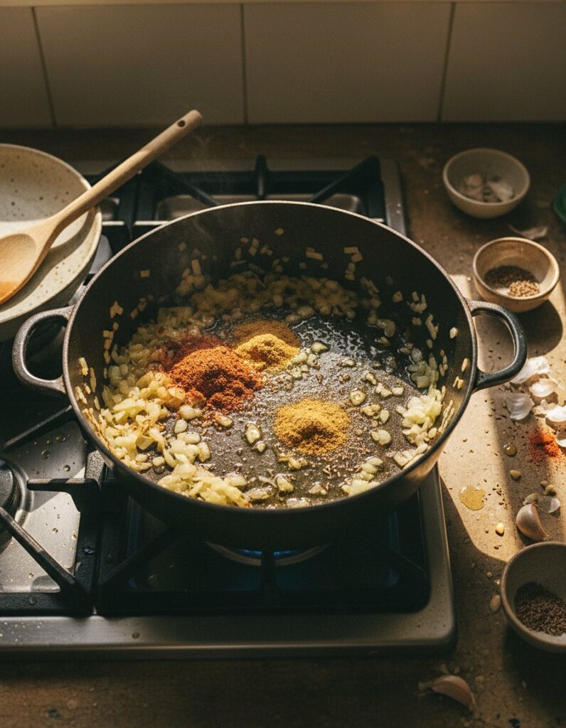 sautéing chopped onions with garlic, cumin, and coriander spices for spiced lamb and apricot tagine with cauliflower couscous